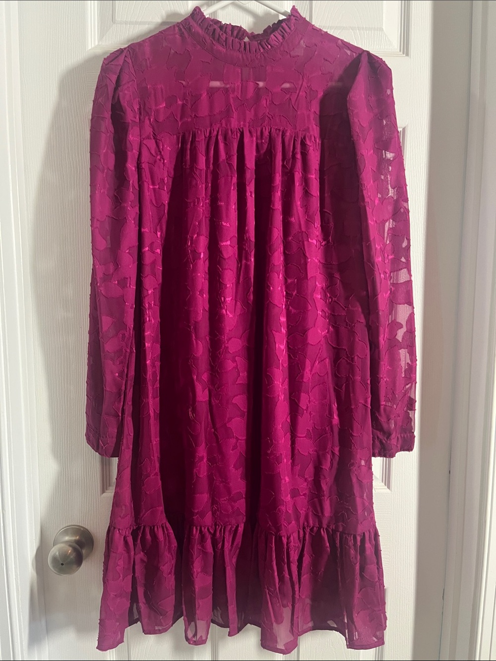 Long-Sleeve Ruffled Hem Dress in Magenta